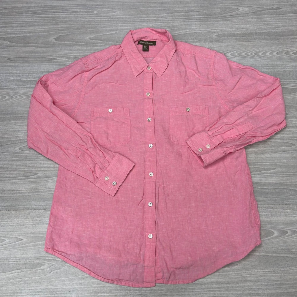 Tommy Bahama 100% Linen Button Up Shirt Womens Large Pink Long Sleeve
